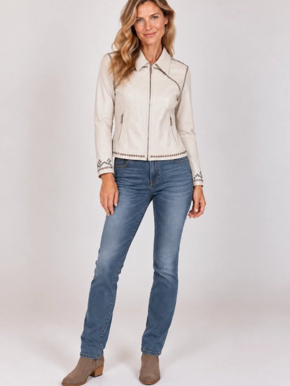 CRIPPLE CREEK Off White Leather Rhinestones Embellished Blingy Jacket S Small - Picture 3 of 16
